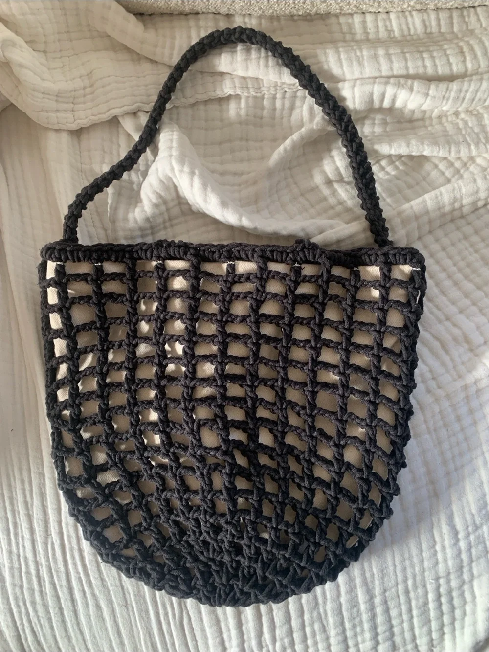 Madewell Black Crochet Tote Bag with Cream Liner